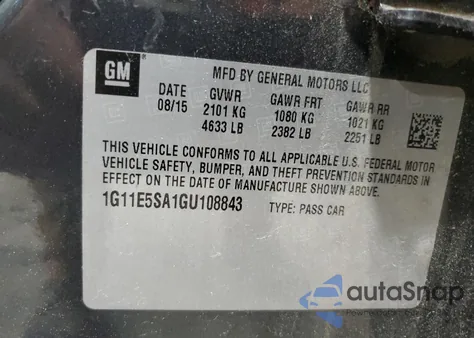 2016 Chevrolet Malibu Limited Ltz из США, поврежденный, VIN 1G11E5SA1GU108843